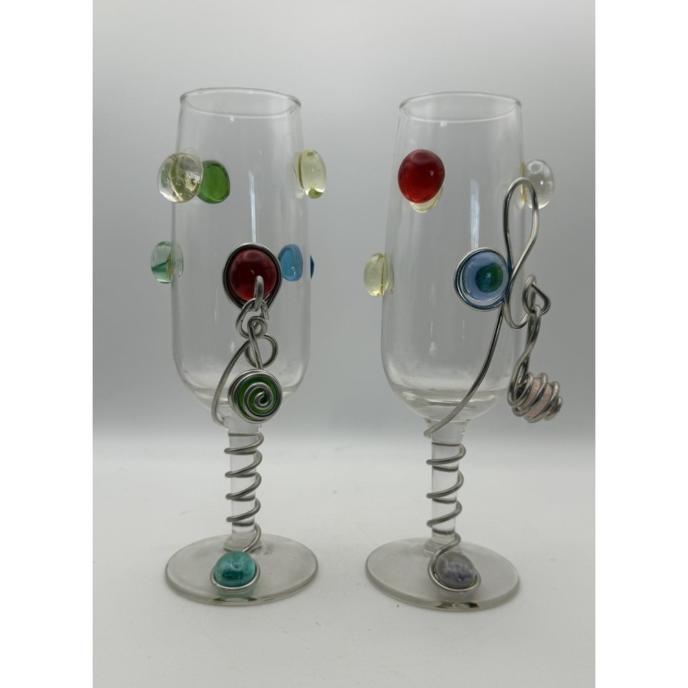 Art Glass Champagne Flutes Set 2 Applied Jewel Dots Wire Wrapped Stem 7"